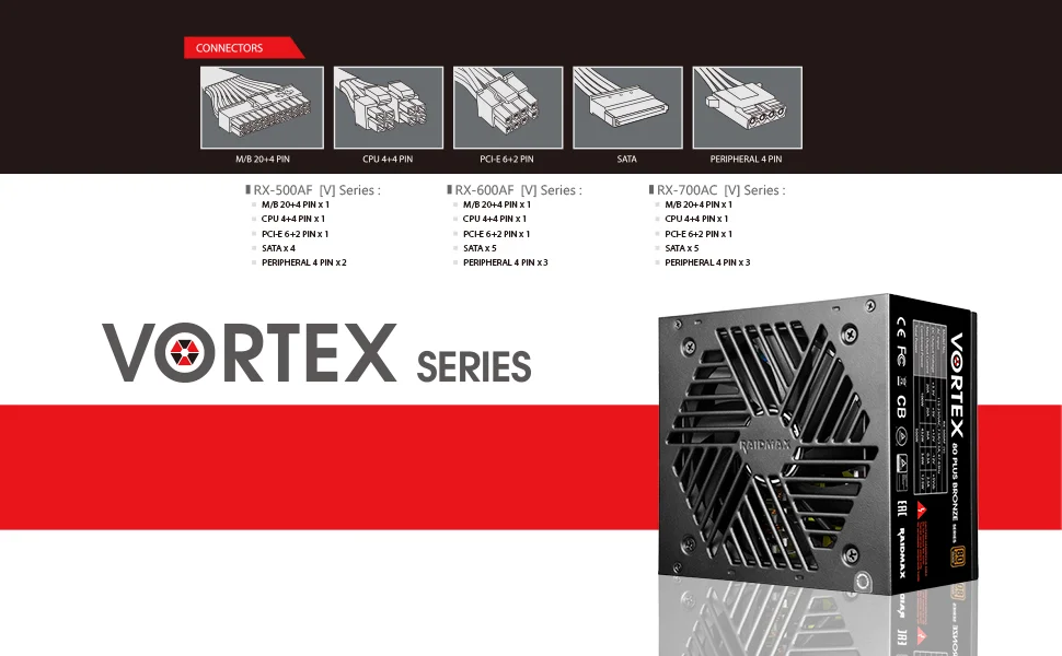 مزود طاقة Raidmax Vortex بقدرة 700 واط وكفاءة 80 بلس برونزي ATX مع مروحة هادئة 120 مم، أسود - Thumbnail 8