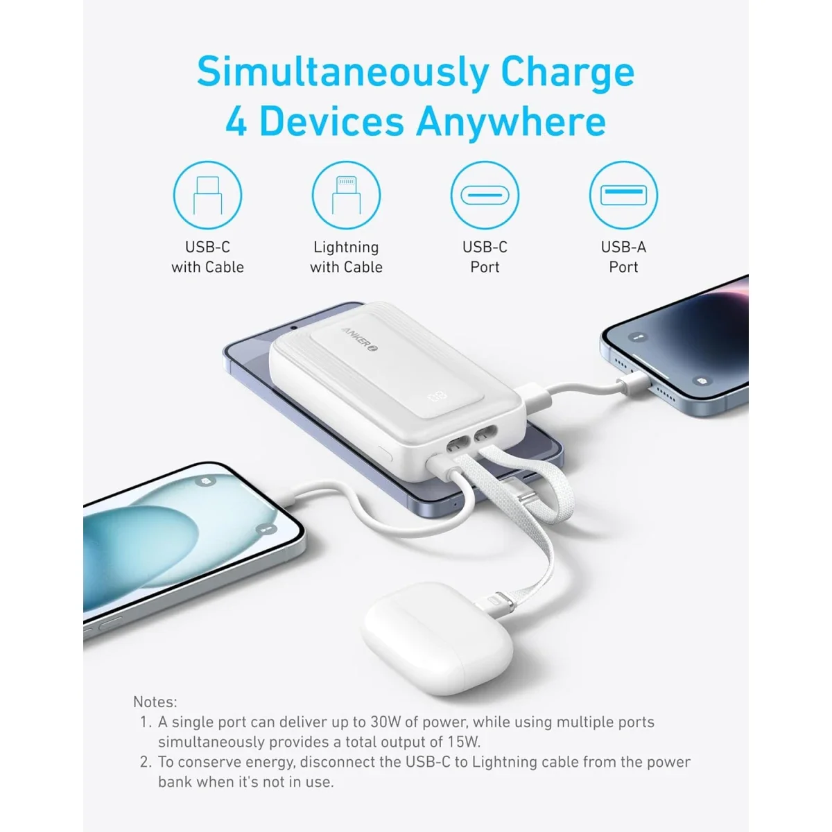 Anker Zolo 10000mAh 30W Power Bank with Built-in USB-C & Lightning Cables - White - Thumbnail 3
