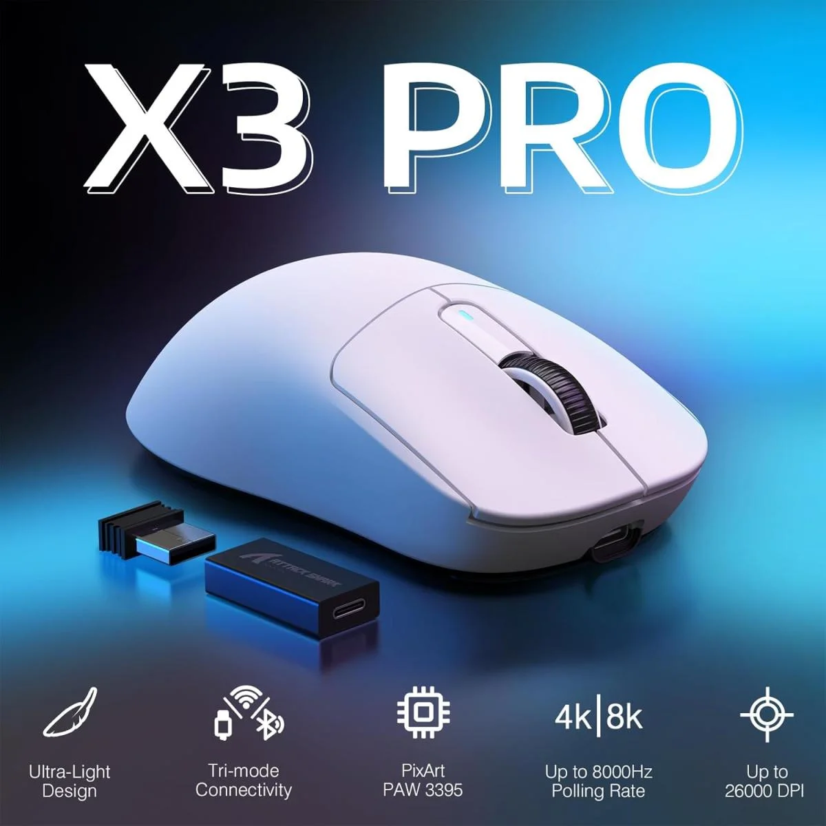 ماوس ألعاب ATTACK SHARK X3PRO لاسلكي خفيف ثلاثي الاتصال، 26K DPI، أبيض - Thumbnail 3