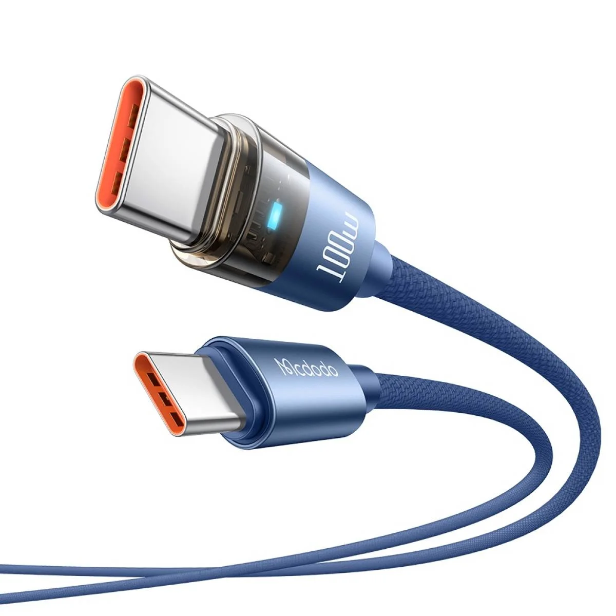 كيبل شحن Mcdodo CA-5586 USB-C إلى USB-C شفاف بإضاءة 100W، 1.6 متر، أزرق، ضمان 18 شهر - Image 2