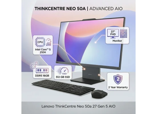 كمبيوتر الكل في واحد Lenovo ThinkCentre Neo 50a 27 Gen 5 بمعالج Intel Core 5 210H، رام 16GB، SSD 512GB، شاشة 27 إنش FHD، Luna Grey - Image 9