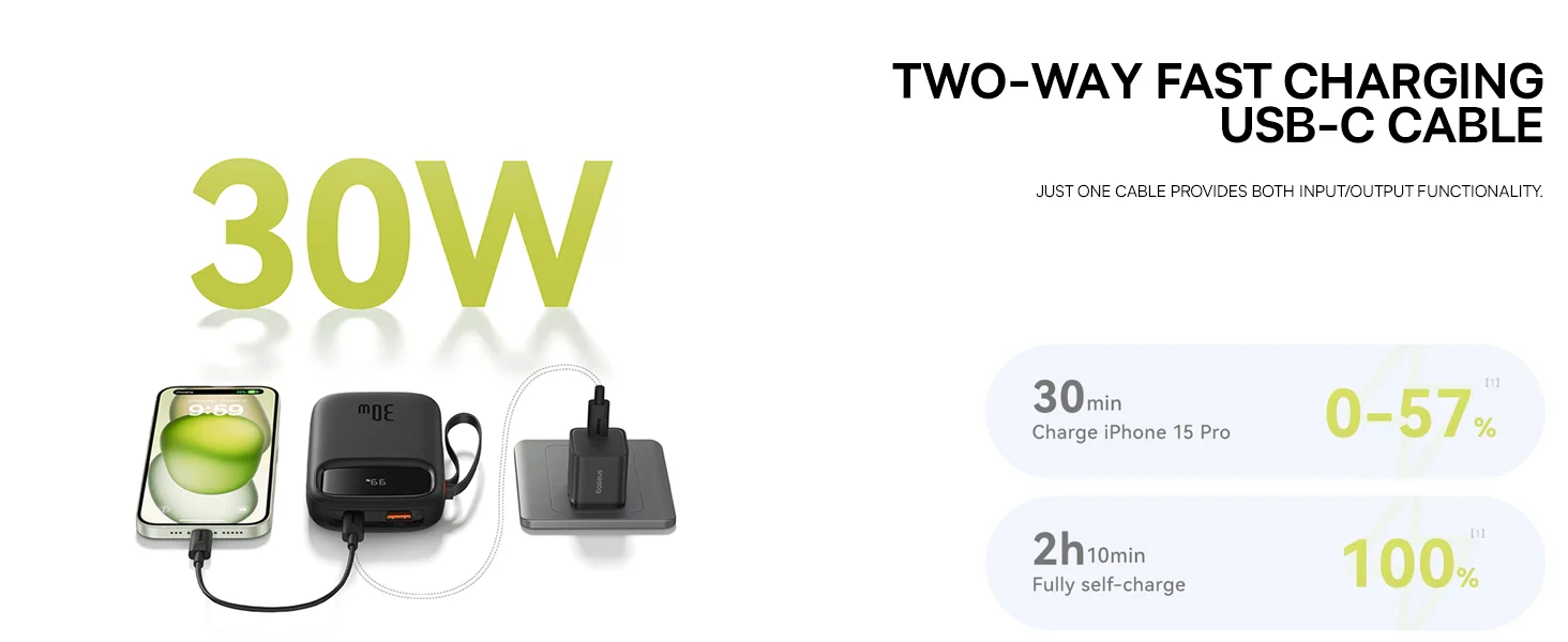 Baseus QPow2 10000mAh 30W Fast Charge Power Bank with Built-in Dual Type-C Cables - Black - Thumbnail 19