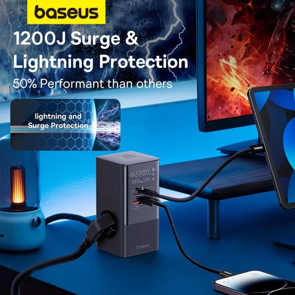 مشترك كهربائي رقمي Baseus PowerCombo Tower بقدرة 35 واط، 3 منافذ AC و2 USB-A و2 USB-C، سلك EU بطول 1.5 متر - أسود - Thumbnail 4
