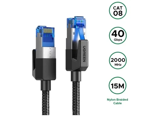 كيبل إيثرنت Ugreen NW153 Cat 8 مضفر RJ45 بطول 15 متر أسود