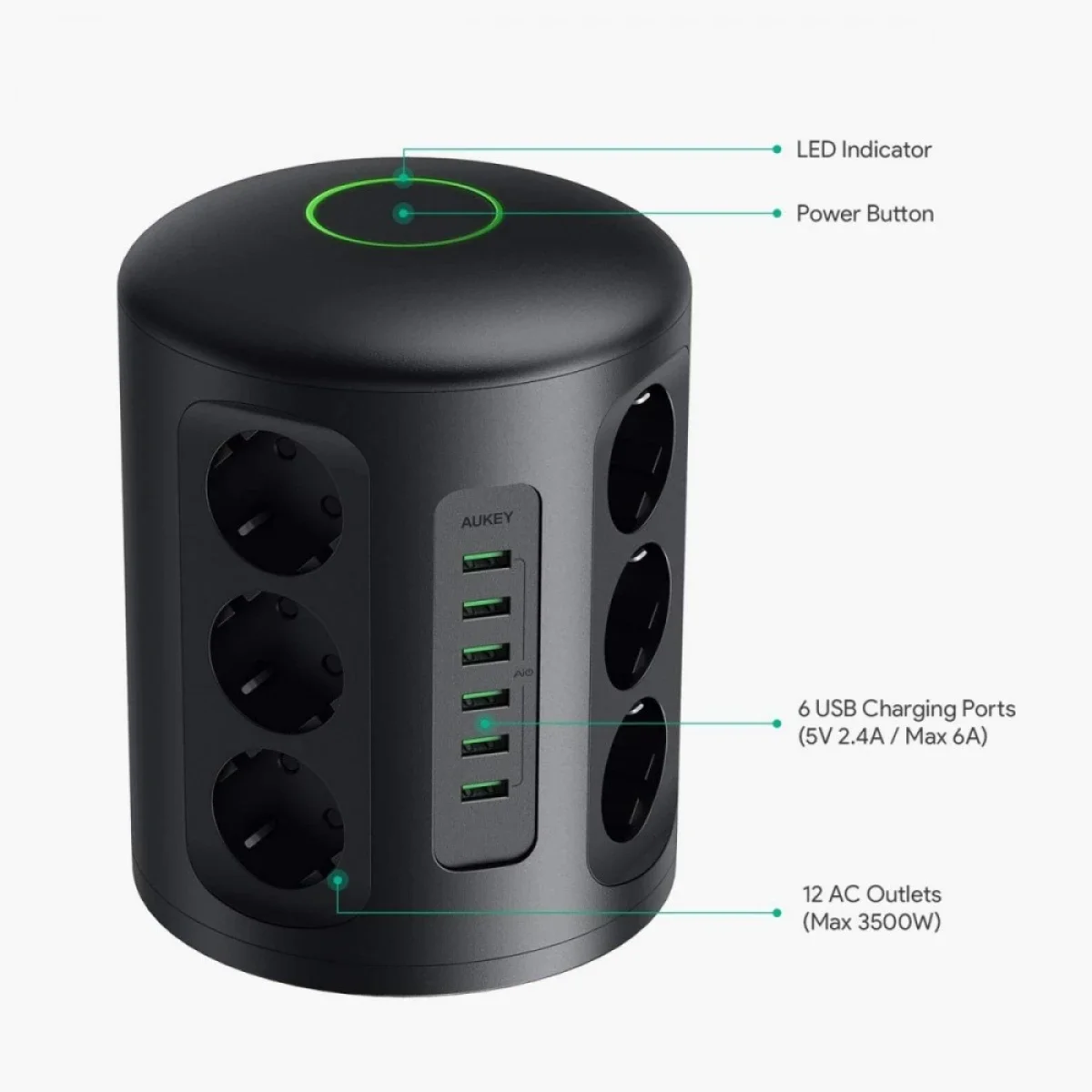 مشترك كهرباء برجي AUKEY PA-S14 PowerHub XL مع 12 مخرج كهرباء و6 منافذ USB-A - Image 5