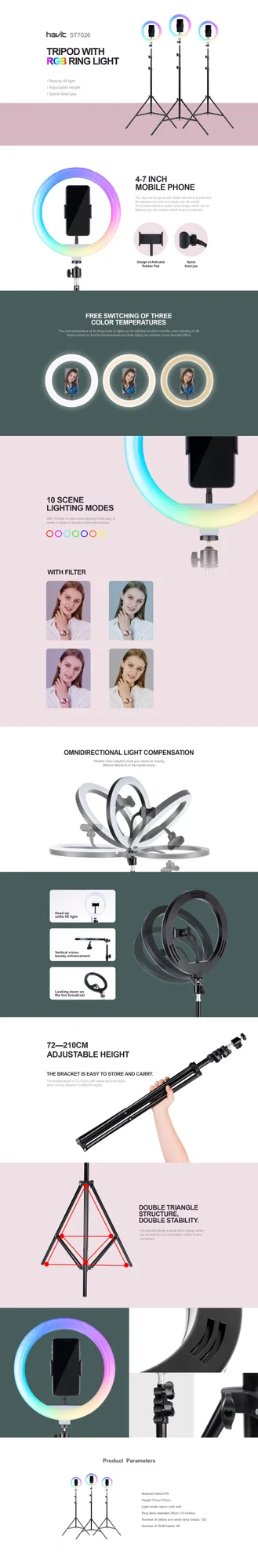 حامل هاتف LED HAVIT ST7026 مع حلقة إضاءة RGB 10 إنش وحامل قابل للتعديل - Thumbnail 6