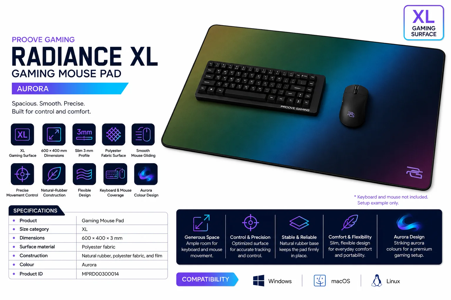 Proove Gaming Radiance XL Mouse Pad 600 × 400 × 3 mm Aurora MPRD00300014 - Thumbnail 8