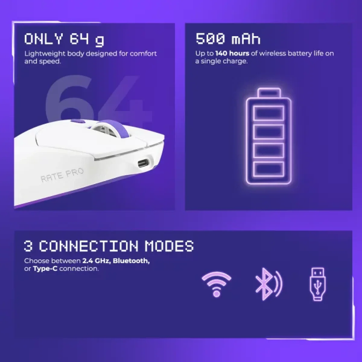 ماوس ألعاب Proove Gaming Rate Pro لاسلكي ثلاثي الوضع 26000 DPI مع قاعدة شحن أسود WMRPCD022001 - Image 9