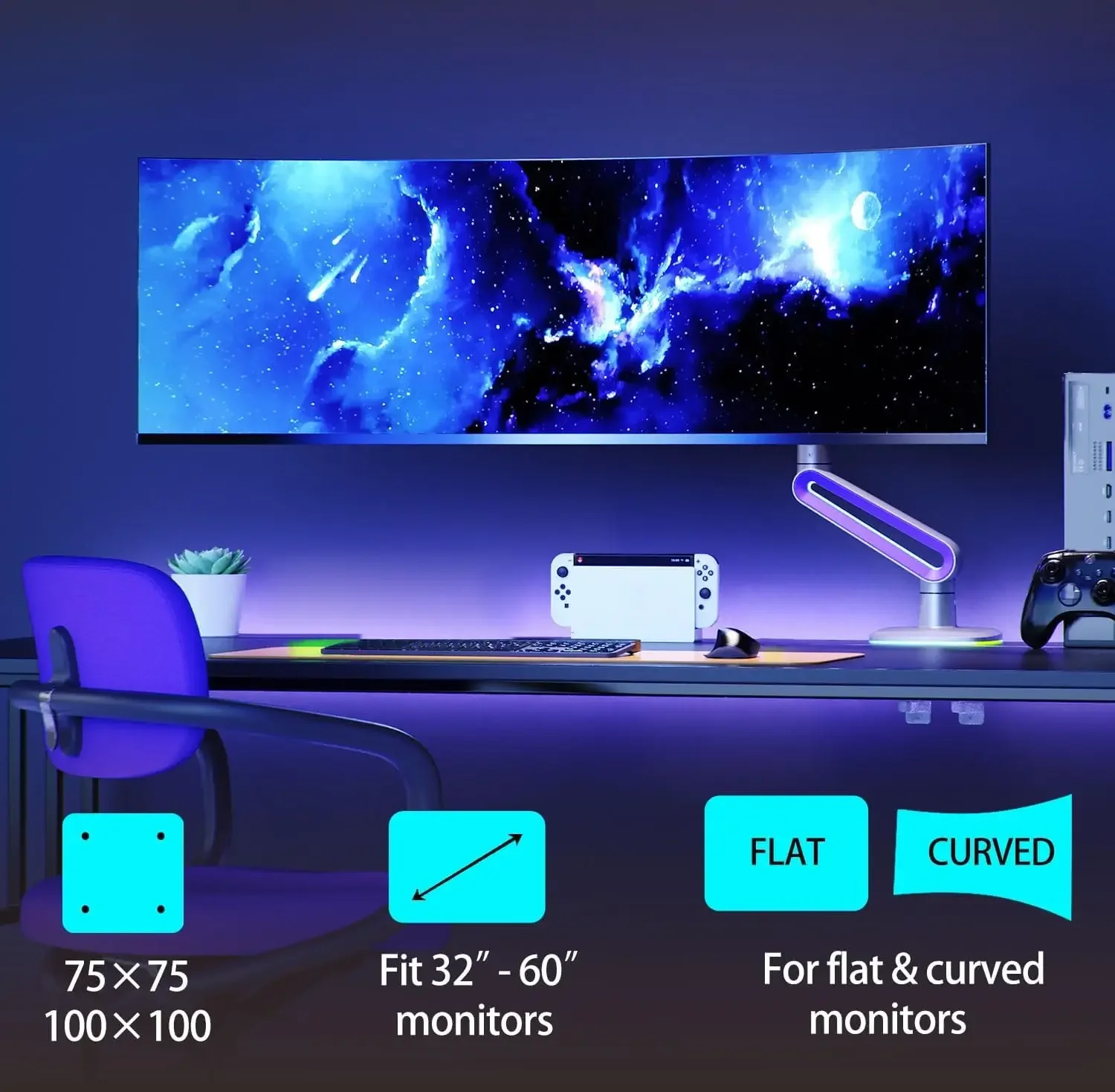 North Bayou G70 Gaming Monitor Arm Desk Mount for 22-inch to 60-inch Monitors with RGB - Thumbnail 3