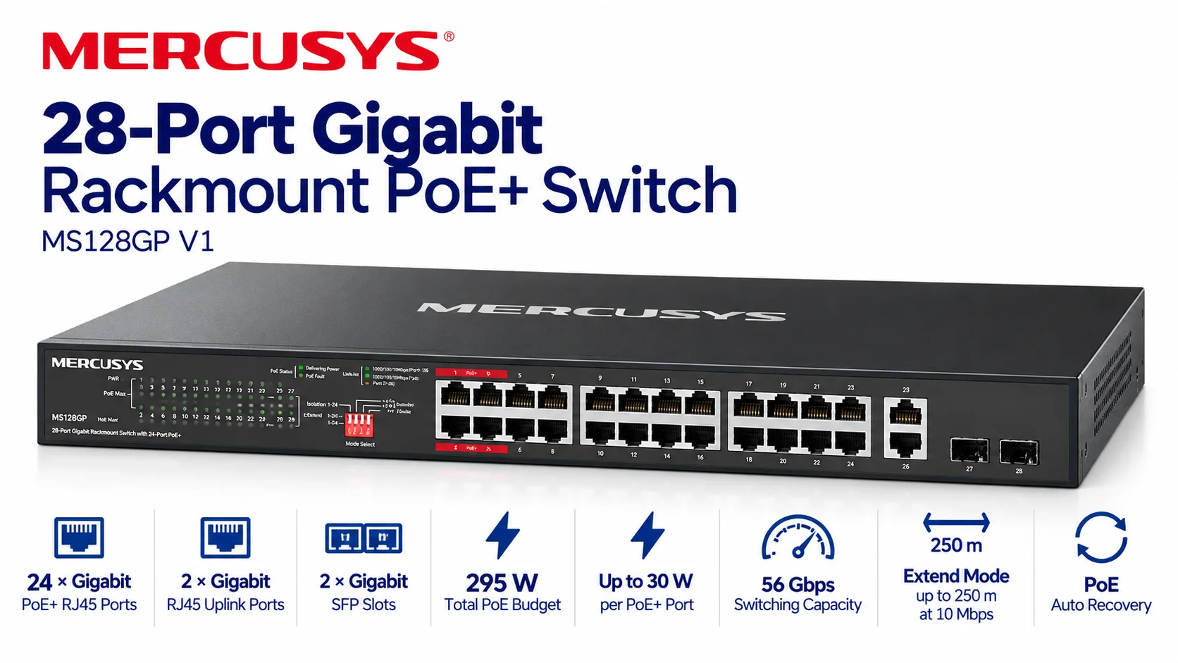 MERCUSYS MS128GP 28-Port Gigabit Rackmount Switch, 24-Port PoE+, 295W Budget, 2x Gigabit Uplink, 2x SFP, 802.3af/at, Isolation Mode, Plug & Play, Metal Case - Image 8