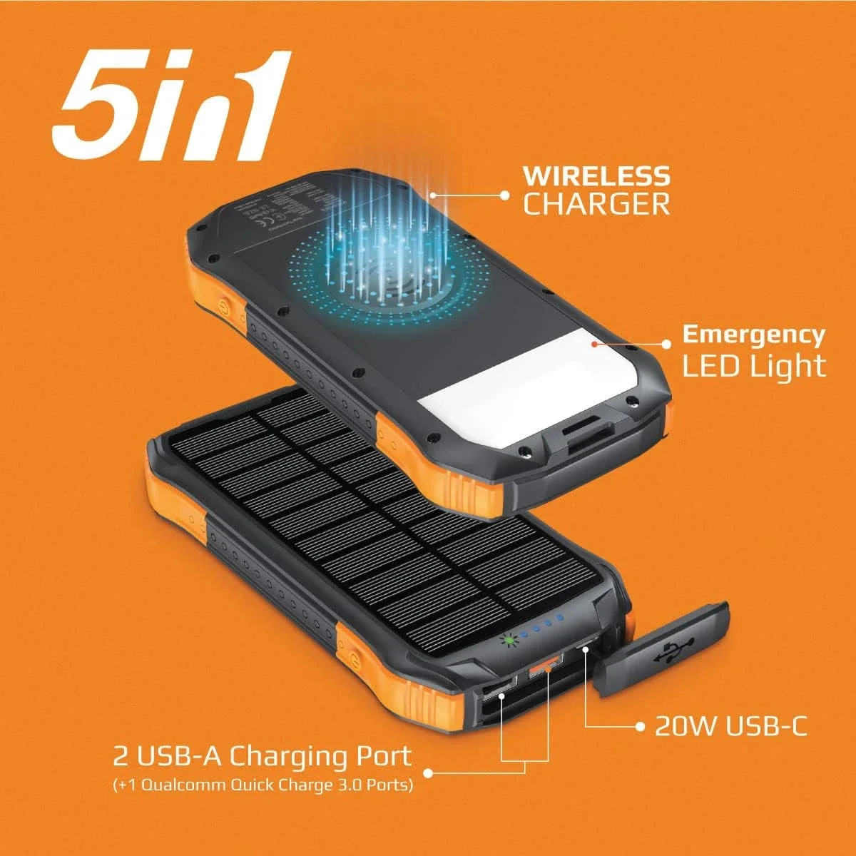 باور بانك شمسي Promate SolarTank-10PDQi بسعة 10000mAh مع USB-C PD بقدرة 20W وشحن Qi بقدرة 10W وإضاءة LED - أسود - Thumbnail 2