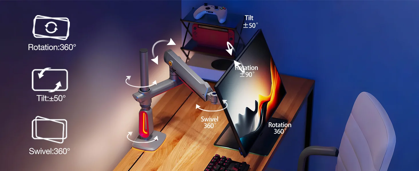 ذراع شاشة North Bayou L70 للألعاب بإضاءة RGB، 32–60 إنش، VESA 75/100 مم، تثبيت مكتبي قوي حتى 20 كغ - Thumbnail 17