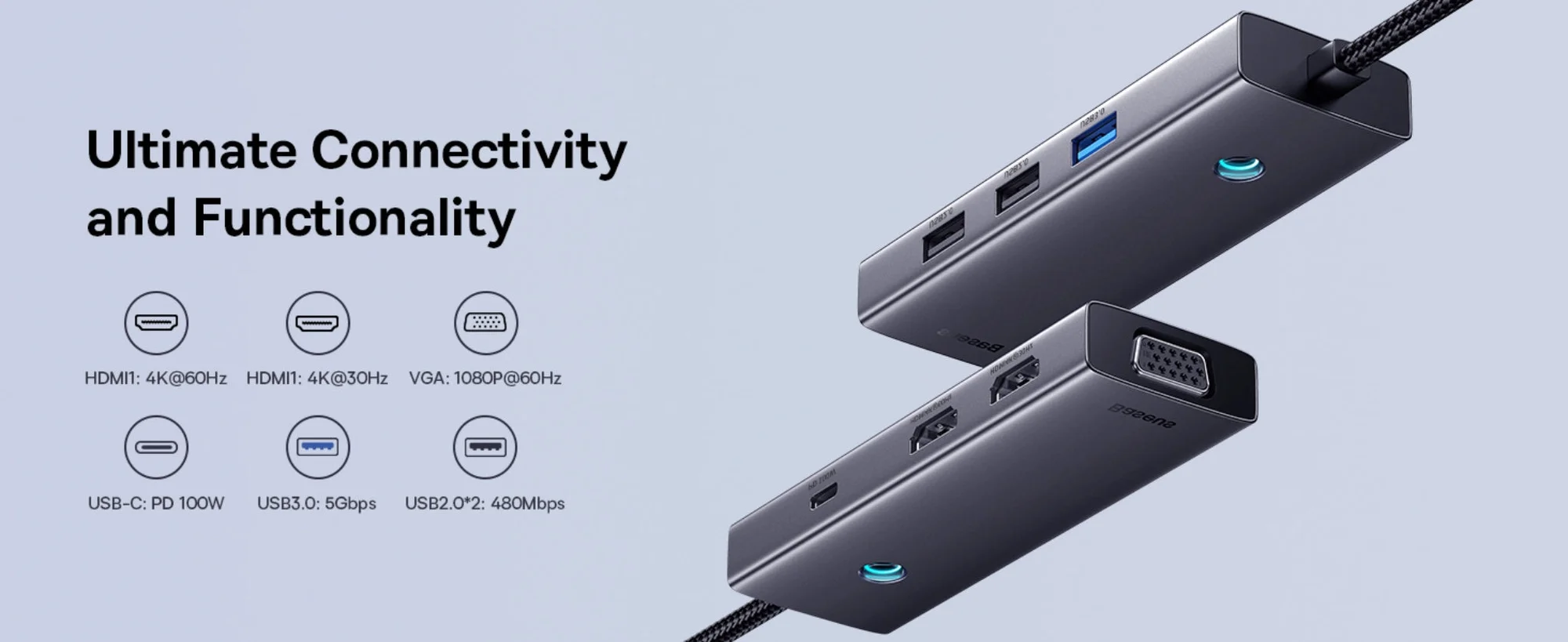 Baseus PortalJoy Series 7-Port Triple-Display USB-C Hub with 4K HDMI, VGA, USB & PD - Space Grey - Image 9