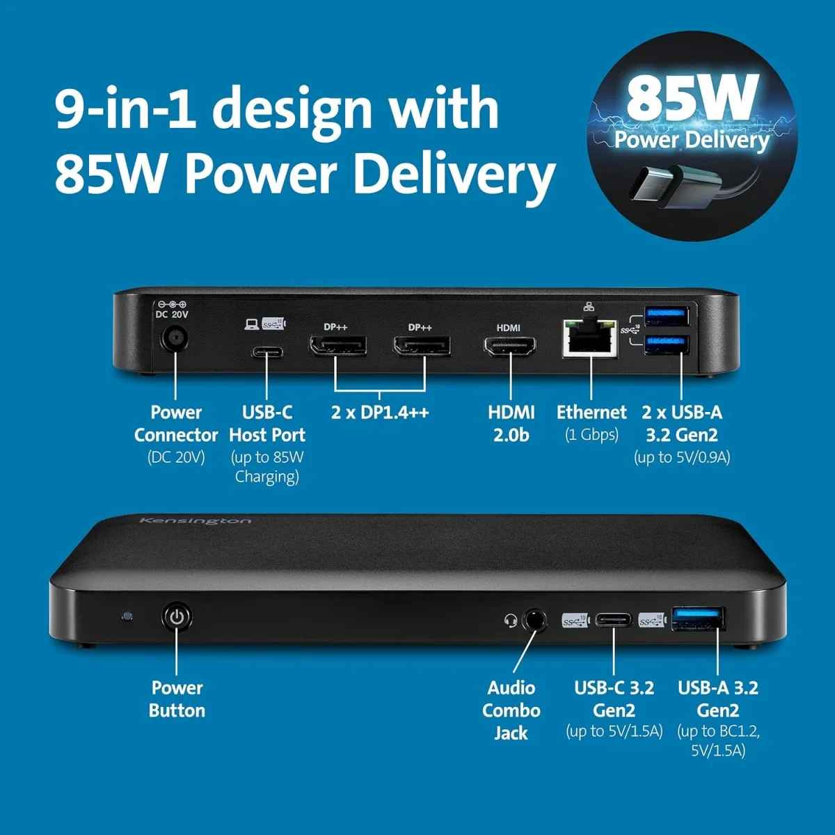 Kensington SD4845P 9-in-1 USB-C Docking Station for Microsoft Surface with Triple Display, 10Gbps, 85W PD - Black - Image 5
