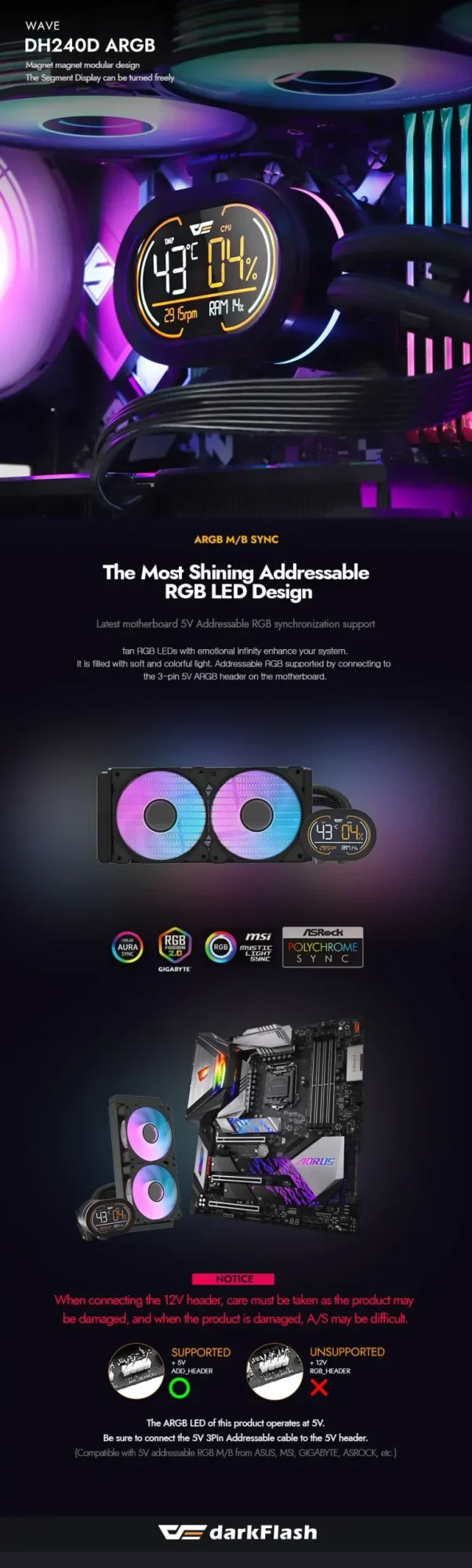 مبرد معالج مائي DarkFlash DH240D بشاشة عرض وراديتر ألمنيوم 240 ملم، أسود – WAVE DH-240D ARGB - Image 10