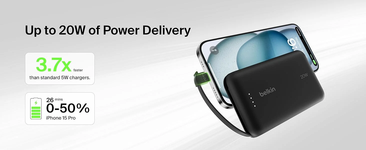بطارية محمولة Belkin BoostCharge بسعة 10000mAh مع كابل USB-C مدمج وشحن PD بقوة 20W - أسود - Thumbnail 14