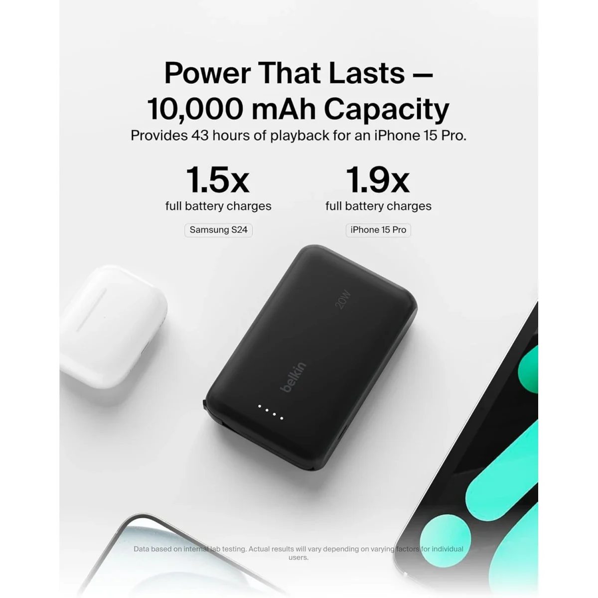 بطارية محمولة Belkin BoostCharge بسعة 10000mAh مع كابل USB-C مدمج وشحن PD بقوة 20W - أسود - Thumbnail 2