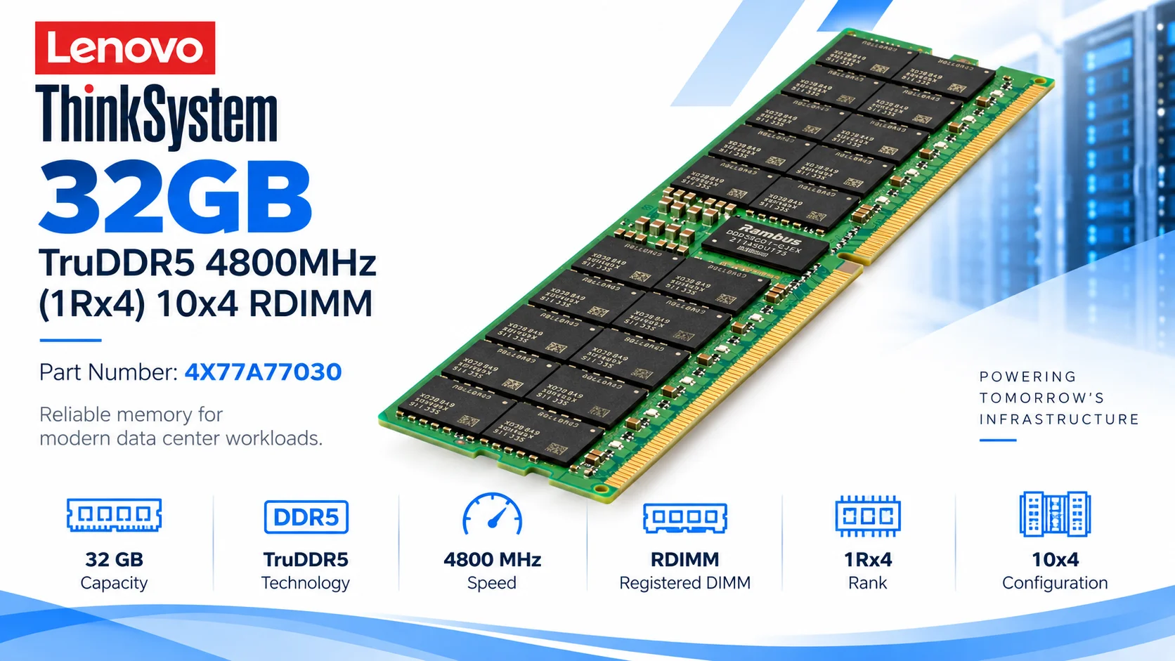 رام سيرفر Lenovo ThinkSystem بسعة 32GB TruDDR5 وتردد 4800MHz بتكوين 1Rx4 10x4 RDIMM - Thumbnail 3