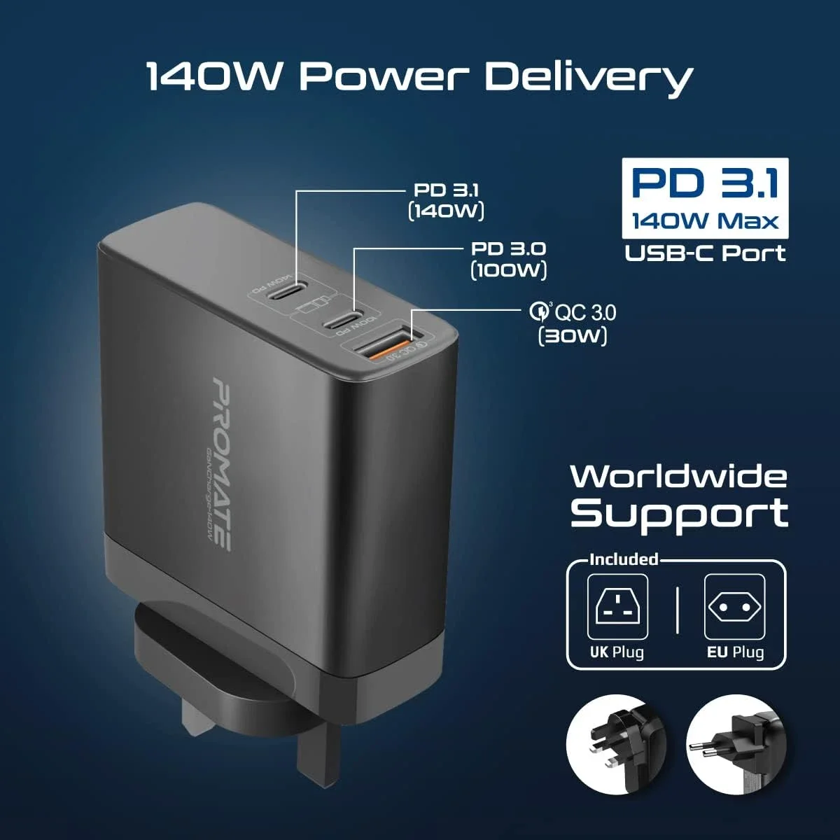 Promate GaNCharge-140W 140W 3-Port USB-C GaN Charger, Black - Thumbnail 3