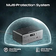 محطة شحن Promate PowerBrix-160 GaNFast بقدرة 160 واط مع 4 مقابس AC وكابل USB-C قابل للسحب - رمادي - Thumbnail 12