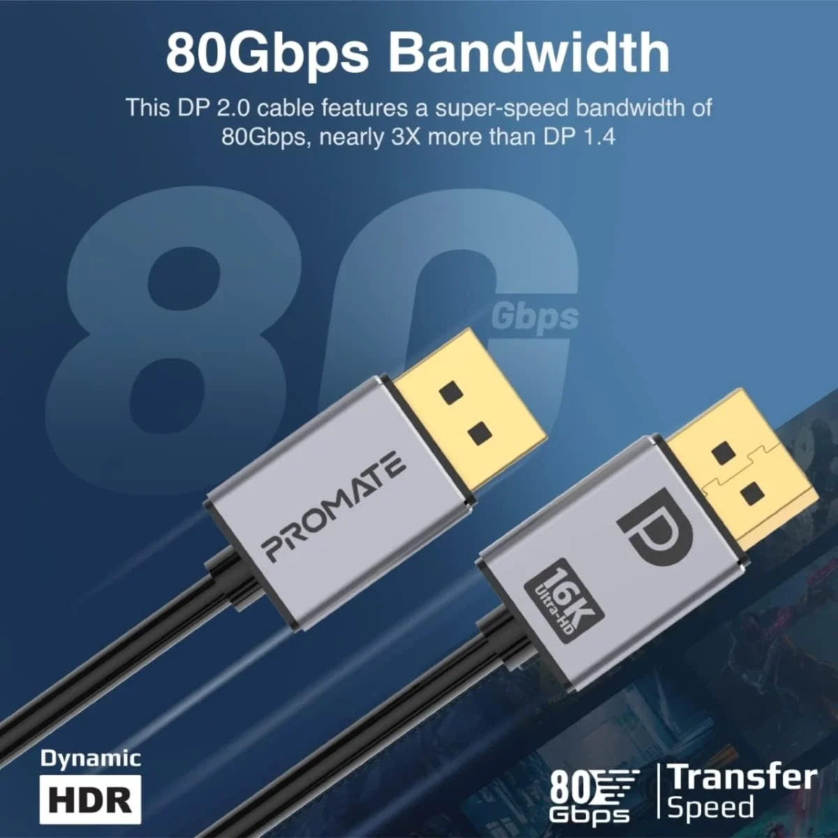 سلك DisplayPort 2.0 من Promate بدقة 16K@60Hz وسرعة 80Gbps بطول 2م أسود - Image 4