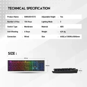 كيبورد Fantech SHIKARI K515 سلكي للألعاب ممبرين RGB، 104 مفاتيح، أسود - Image 7