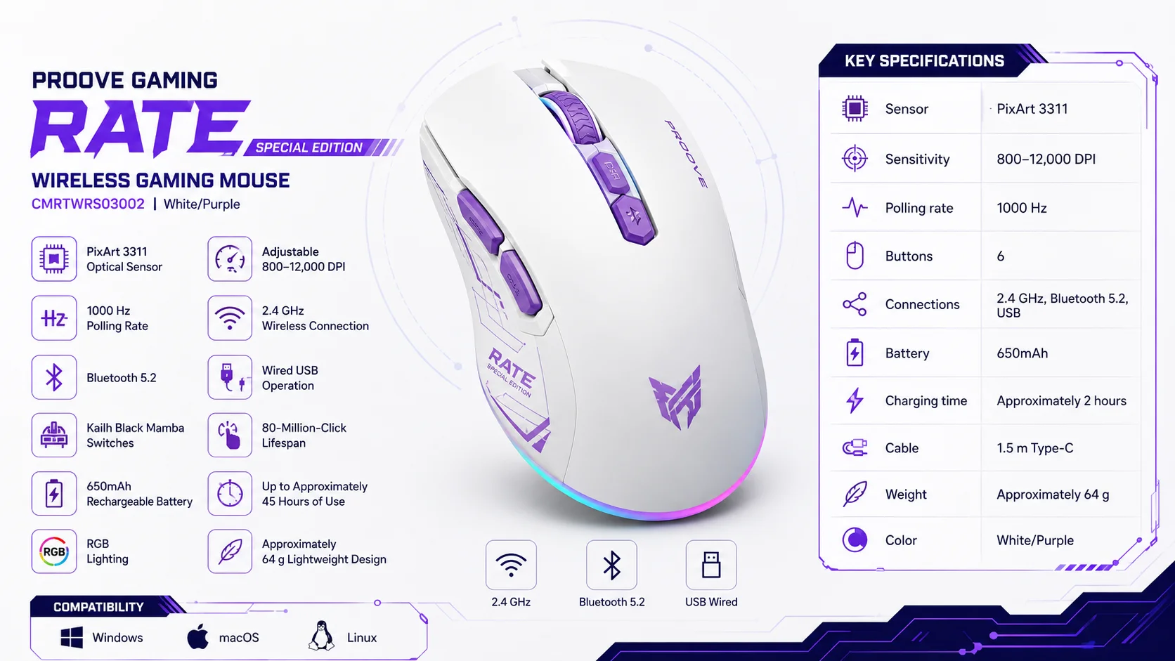 Proove Rate Special Edition Tri-Mode Wireless Gaming Mouse 12000 DPI White/Purple CMRTWRS03002 - Thumbnail 12