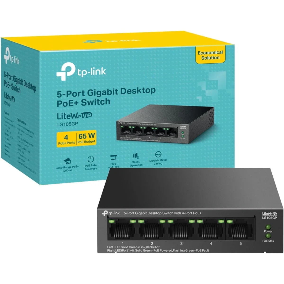 TP-LINK LS105GP 5-Port Gigabit Desktop Switch with 4-Port PoE+ 65W