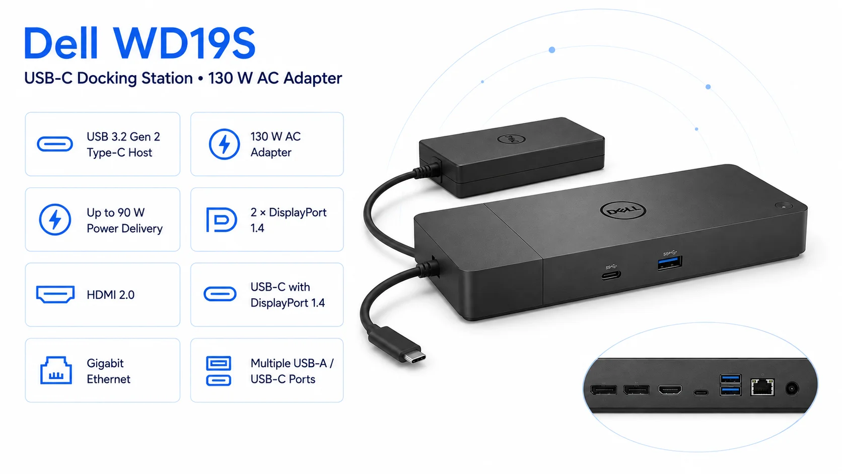 محطة إرساء Dell WD19S USB-C بمحول 130W وشحن 90W للابتوبات غير Dell، HDMI ومنفذي DisplayPort - Image 9