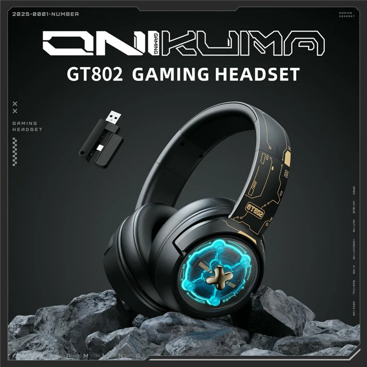 ONIKUMA GT802 Triple-Mode Wireless Gaming Headset with RGB Light, 60-Hour Battery - Black - Image 3