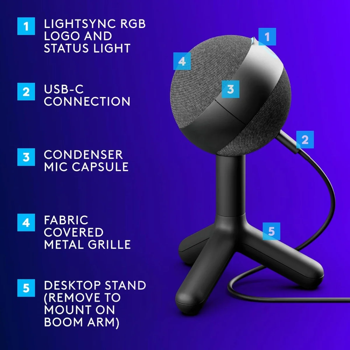 Logitech Yeti Orb USB Condenser Gaming Microphone with LIGHTSYNC RGB, Black - Thumbnail 5