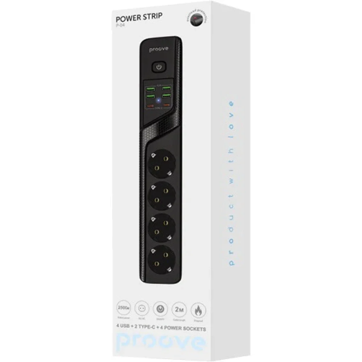 مشترك كهربائي Proove P-04 مع 4 مقابس AC و4 منافذ USB-A ومنفذين USB-C وكابل 2 متر - أسود - Image 4