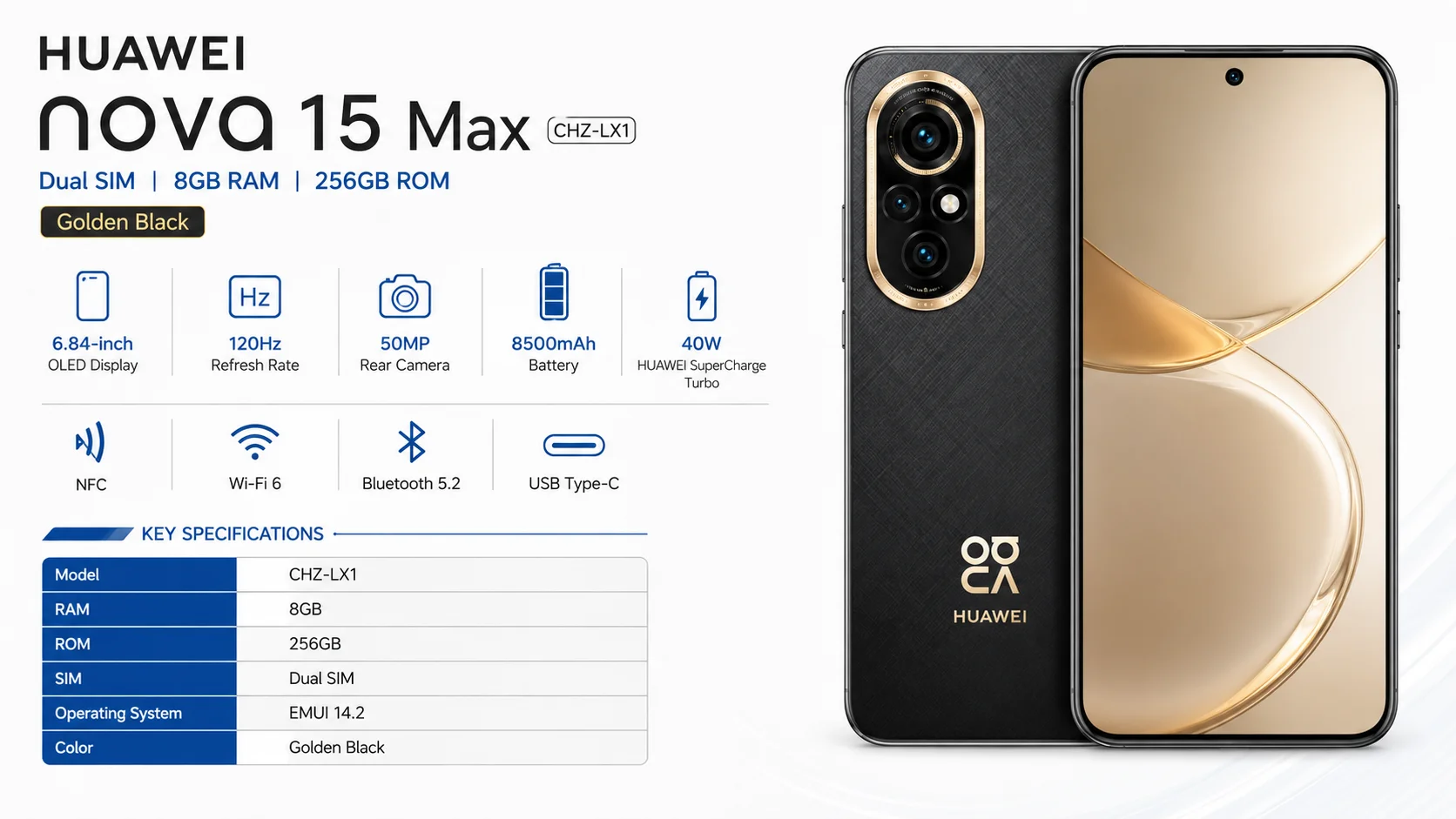 HUAWEI nova 15 Max Dual SIM Smartphone, 8GB RAM, 256GB Storage, 120Hz OLED, 50MP Camera, Golden Black - Thumbnail 12