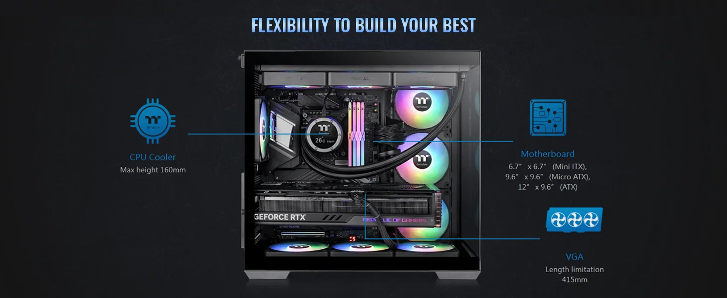 هيكل كمبيوتر Thermaltake View 380 TG ATX ميد تاور مع 4 مراوح ARGB مقاس 120 مم، أسود - Thumbnail 18