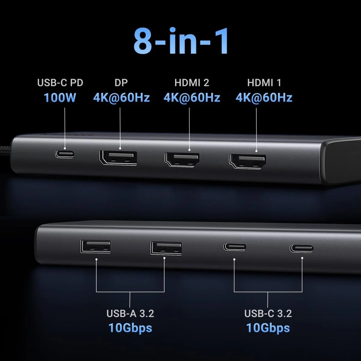 Ugreen 35625 8-in-1 USB-C Docking Station, Dual HDMI, DisplayPort, 100W PD – Grey - Image 4
