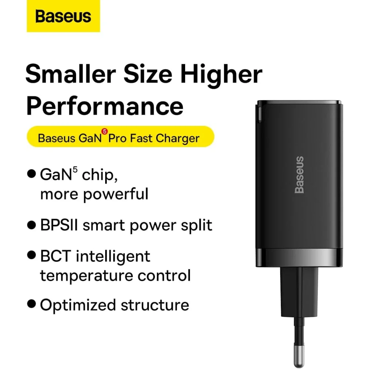 شاحن جداري Baseus GaN5 Pro سريع 65 واط مع 3 منافذ وكابل USB-C بطول 1 متر - أسود - Image 5