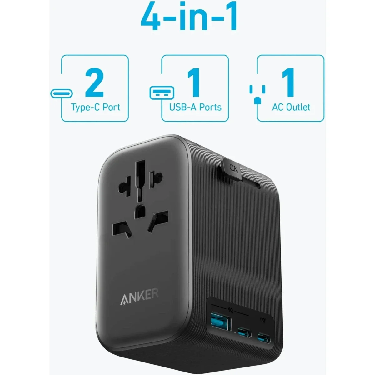 Anker PowerExtend 4-in-1 Travel Adapter 65W PD with AC Outlet, USB-C & USB-A Ports - Black - Thumbnail 2