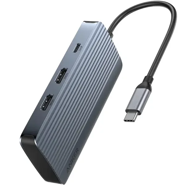 موزع منافذ Anker A8374AA1 USB-C ‏7 في 1 بعرض مزدوج عبر HDMI – رمادي