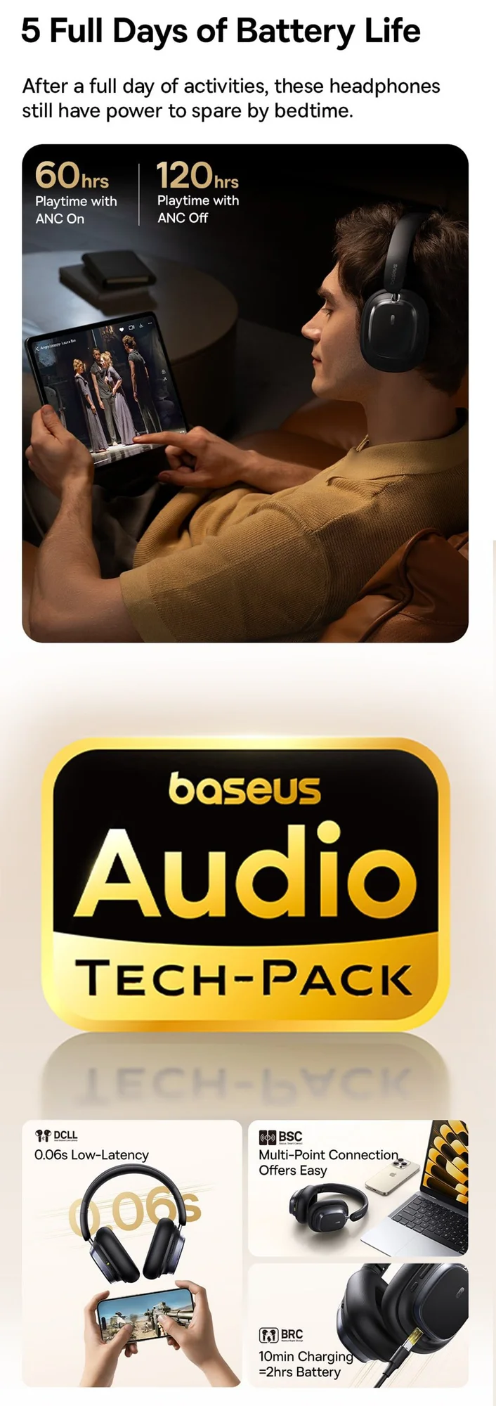 Baseus Bowie H1s Wireless Over-Ear Headphones with ANC, Bluetooth 5.4, 100H Battery - White - Thumbnail 13