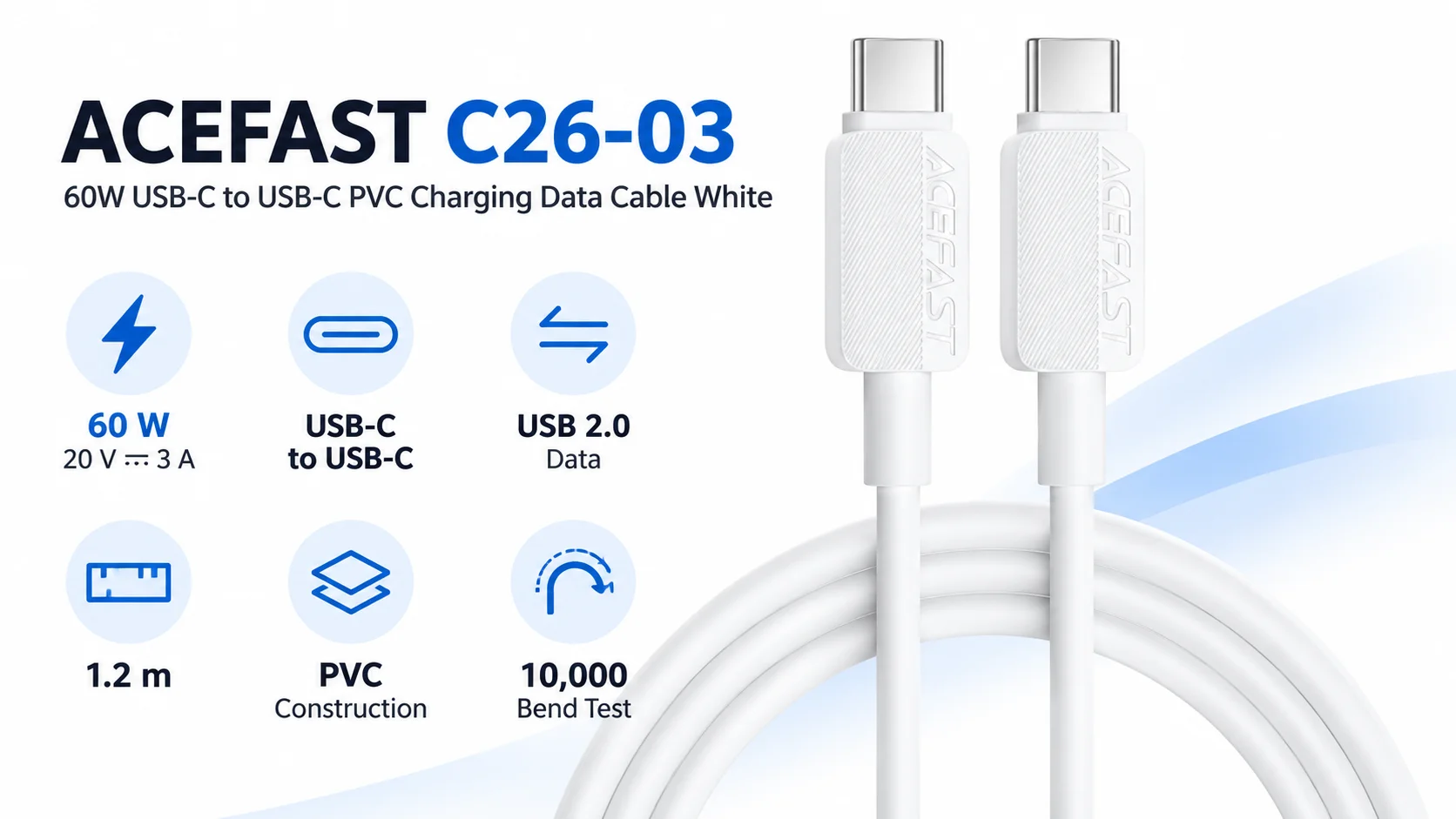 ACEFAST C26-03 60W USB-C to USB-C PVC Charging & Data Cable - White - Image 7