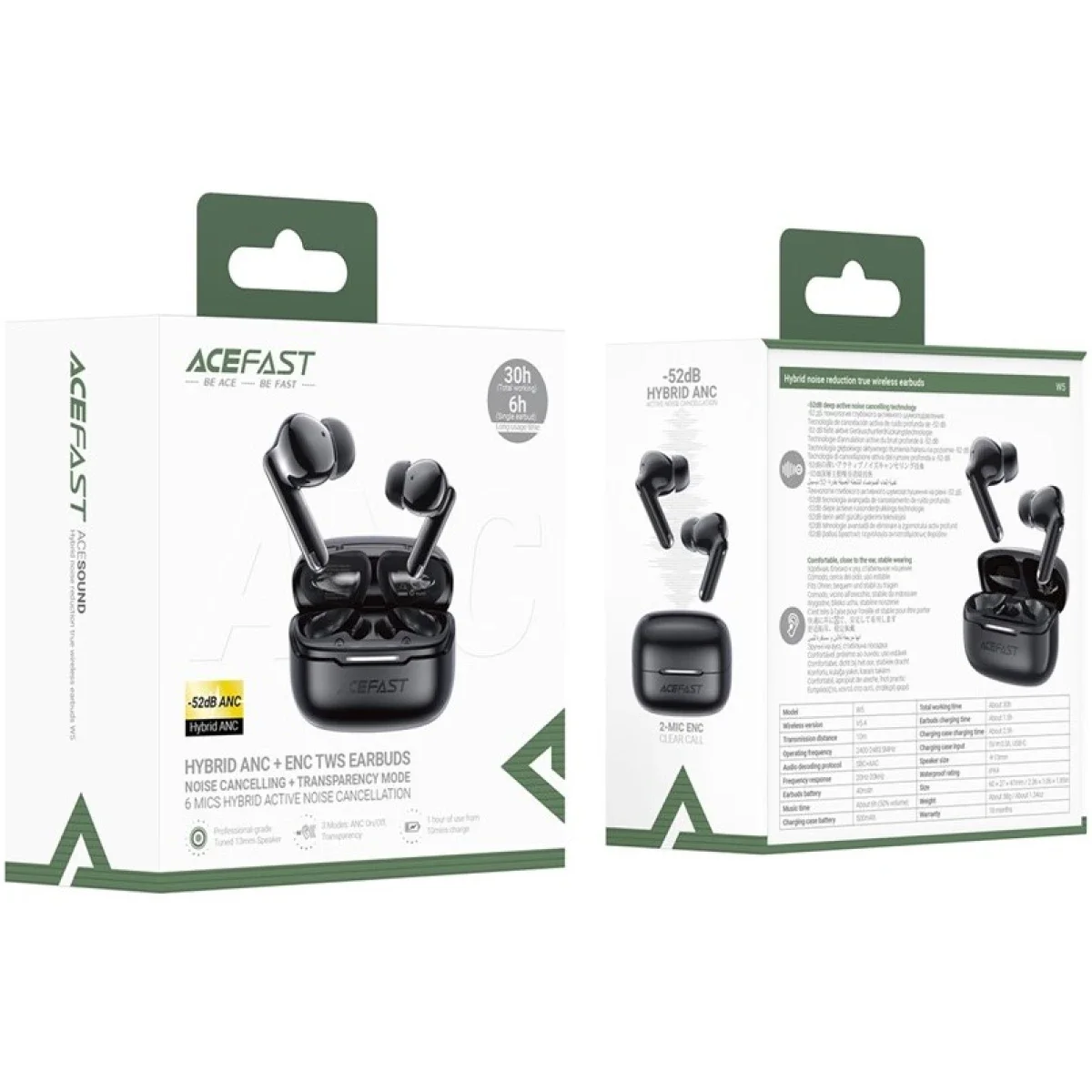 سماعات أذن لاسلكية ACEFAST W5 TWS بتقنية ANC هجينة وENC و6 ميكروفونات وبطارية 30 ساعة، أسود - Image 7
