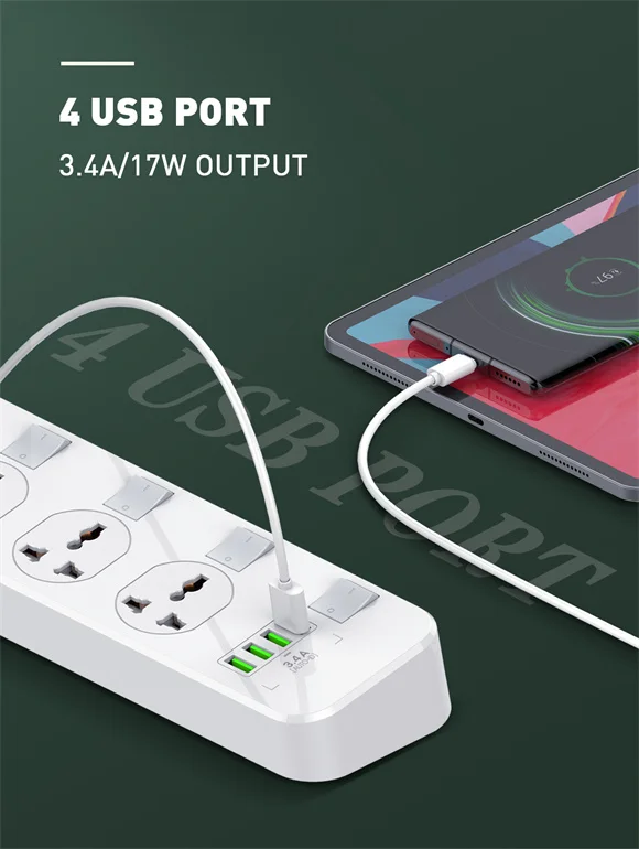 مشترك كهربائي LDNIO SC4408C عالمي مع 4 منافذ USB بقدرة 2500 واط، أبيض - Thumbnail 10