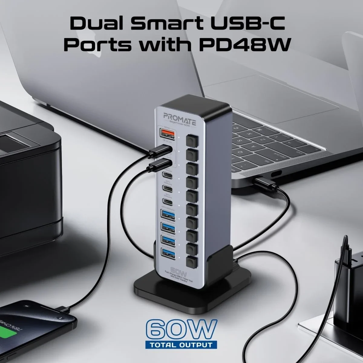 موزع USB-C متعدد المنافذ برجي 14 في 1 Promate GegaTower-60W بقدرة 60 واط - Image 4