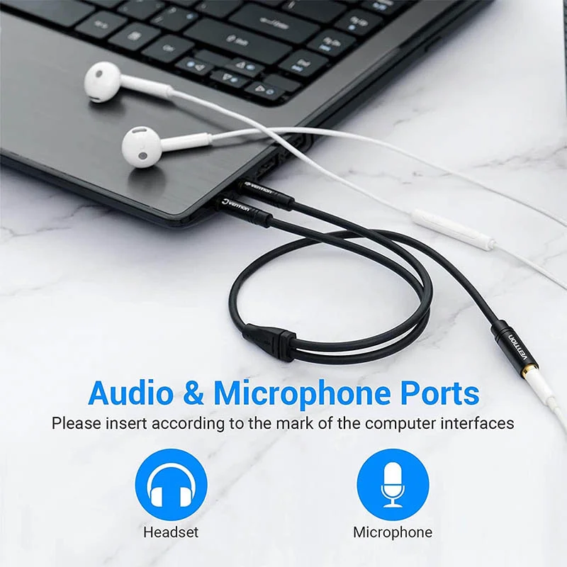 Vention BBLBAB 2-in-1 Braided Audio Splitter Adapter, Dual 3.5mm Mic & Earphone Male to 3.5mm AUX Female - Thumbnail 2
