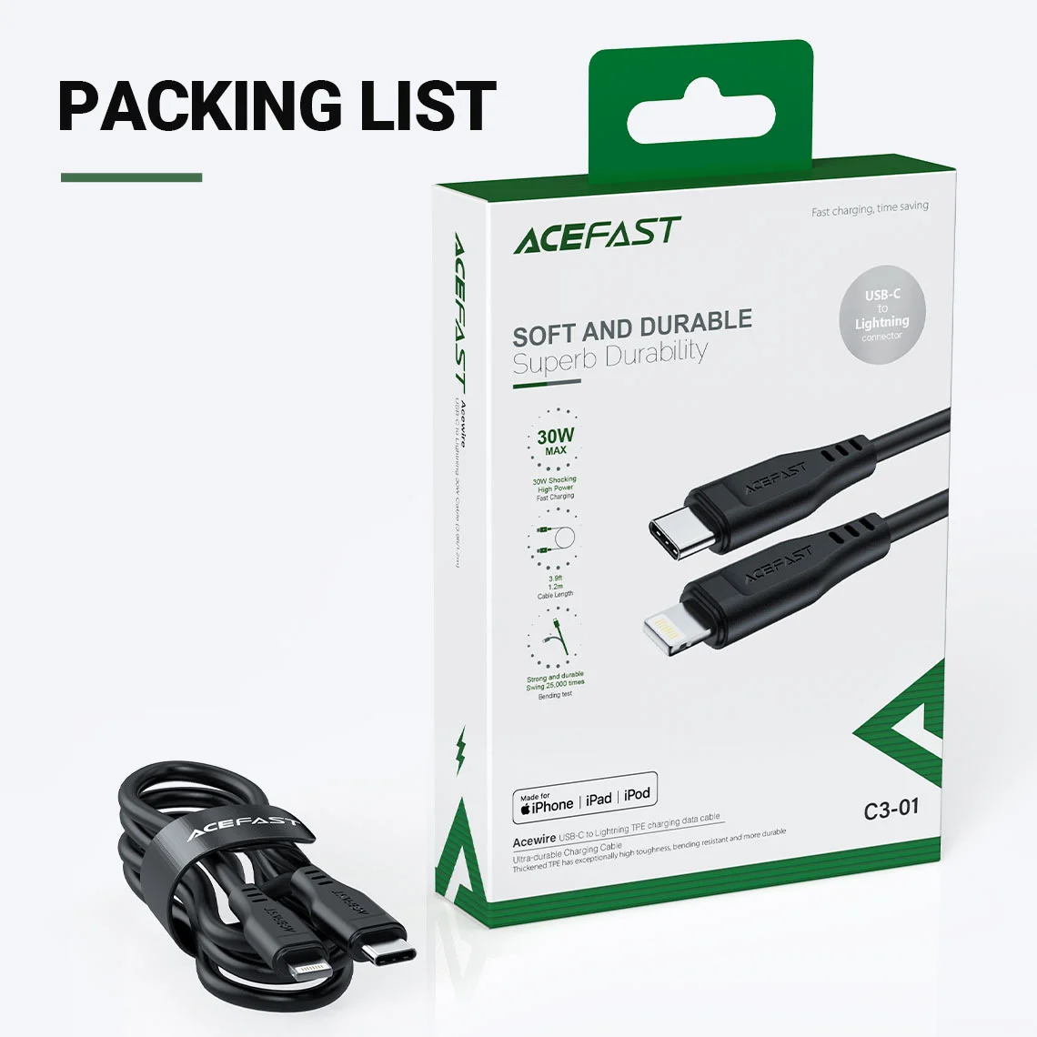 كابل شحن ونقل بيانات USB-C إلى Lightning ACEFAST C3-01 بطول 1.2 متر أبيض - Thumbnail 14