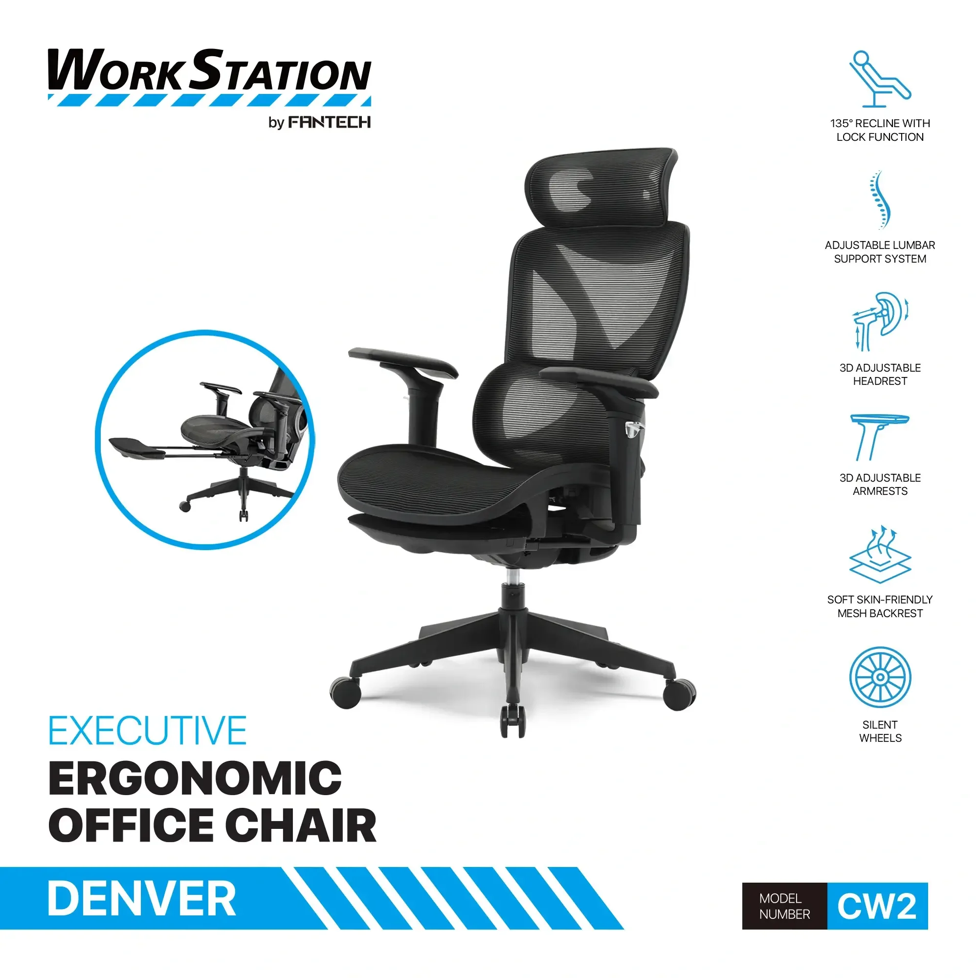 كرسي مكتب مريح - إمالة حتى 135° مع 4 وضعيات قفل للعمل والراحة والاسترخاء - أسود - نوع Fantech Workstation CW2 Denver  - Thumbnail 3