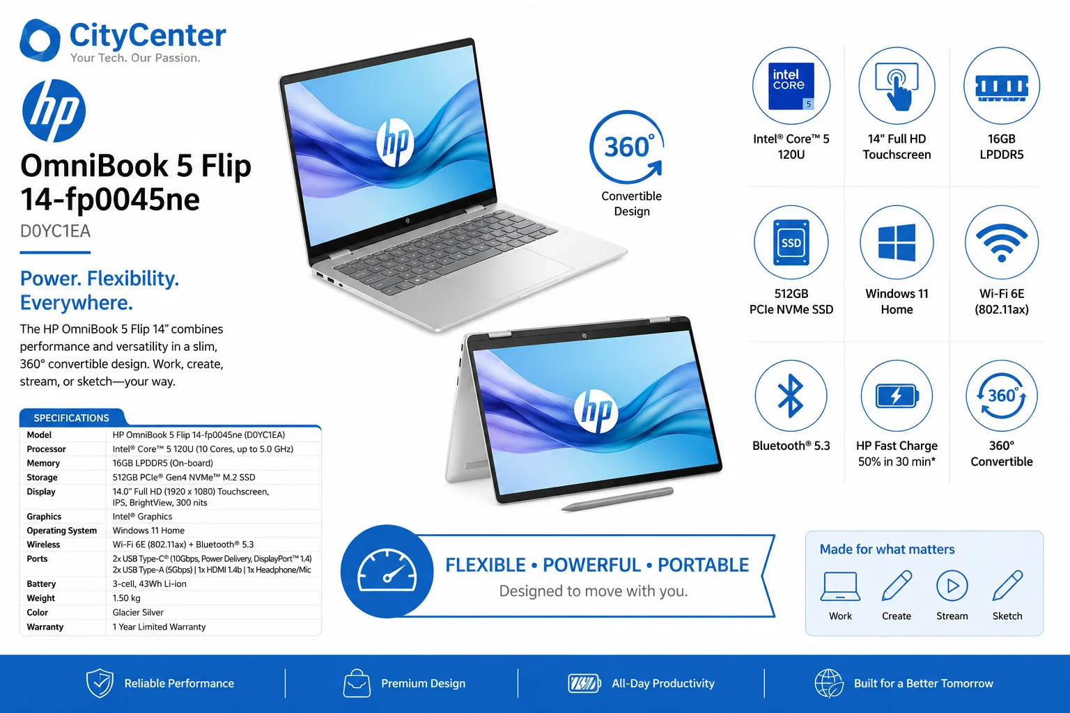 لابتوب 2 في 1 HP OmniBook 5 Flip 14-fp0045ne بمعالج Intel Core 5 120U وذاكرة 16GB وتخزين 512GB SSD وشاشة لمس 14 إنش D0YC1EA - Image 8