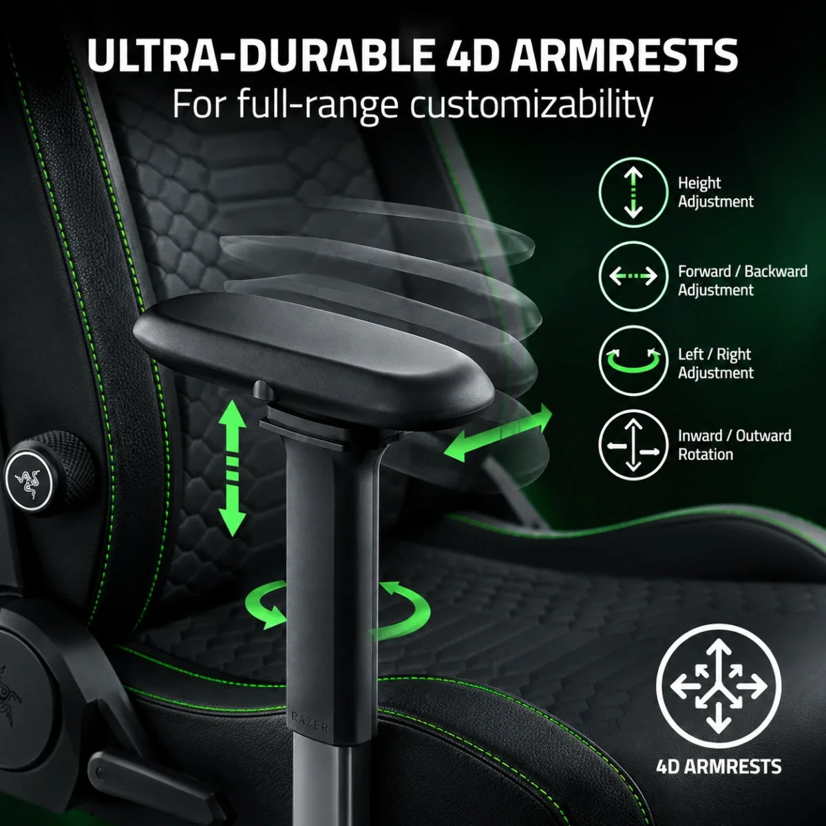 كرسي ألعاب Razer Iskur V2 NewGen (2025) بدعم HyperFlex وجلد EPU الجيل الثاني مع CoolTouch وفوم معالج على البارد ومساند 4D قابلة للتعديل، أسود - Image 6