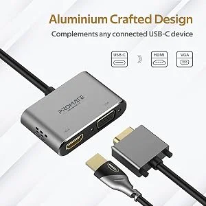 محول USB-C إلى HDMI وVGA من Promate MediaHub-C2 ألمنيوم بدقة 4K ودعم شاشتين - Thumbnail 13