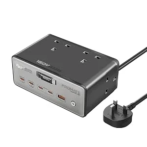 محطة شحن Promate PowerBrix-160 GaNFast بقدرة 160 واط مع 4 مقابس AC وكابل USB-C قابل للسحب - رمادي - Thumbnail 9